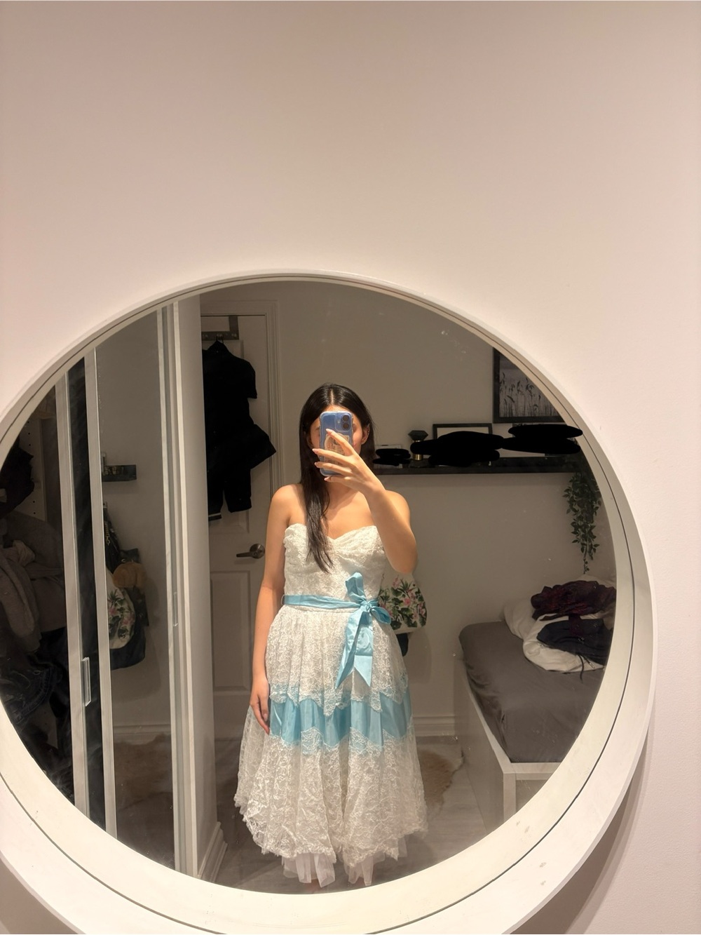 Betsey Johnson White Lace Dress with Light Blue Satin Bow